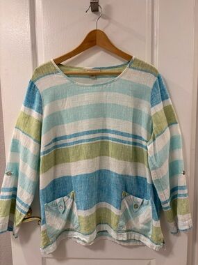 Appleseed's Linen Blend Striped Long Sleeve Top Coastal Beach Resort Summer